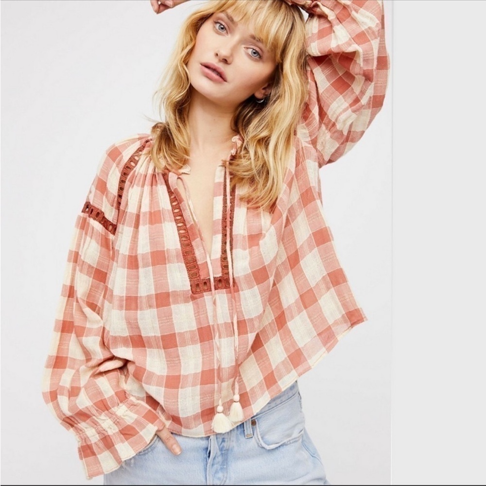 Free People Honey Grove Plaid Peasant Blouse Boho